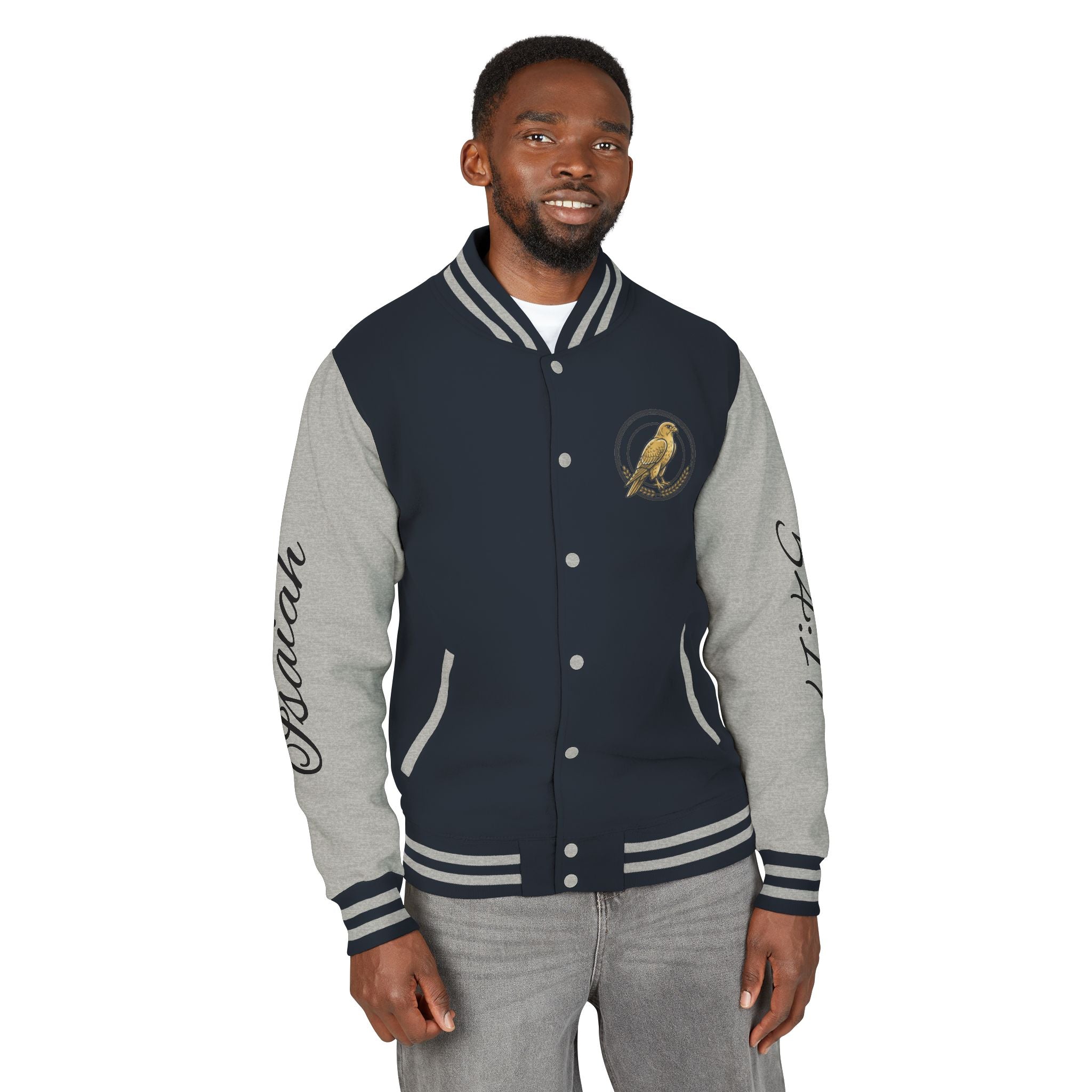E93 Varsity Letterman Jacket - Black "Dove Crest" Scripture Bomber