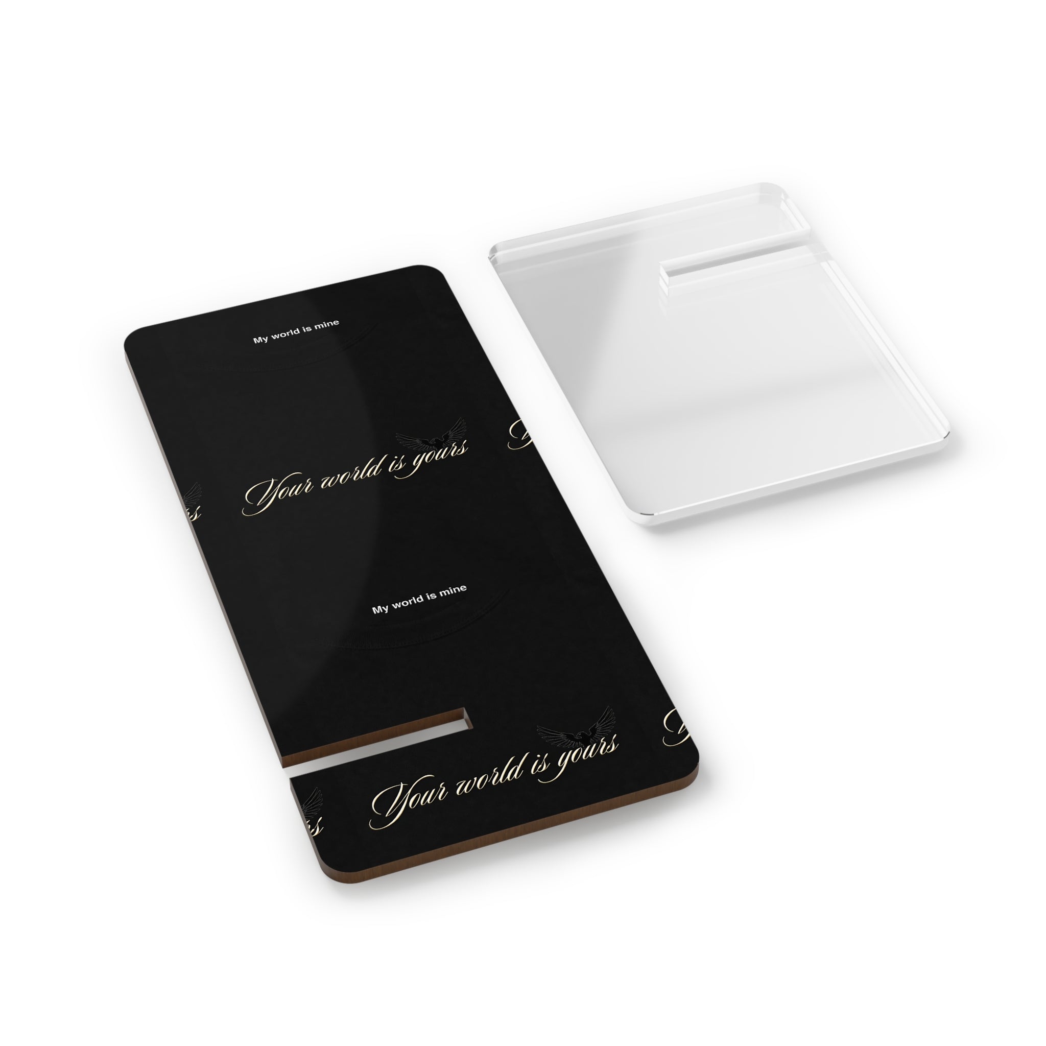 E93 "Your World Is Yours" Acrylic Phone Stand - Black Mobile Display Holder