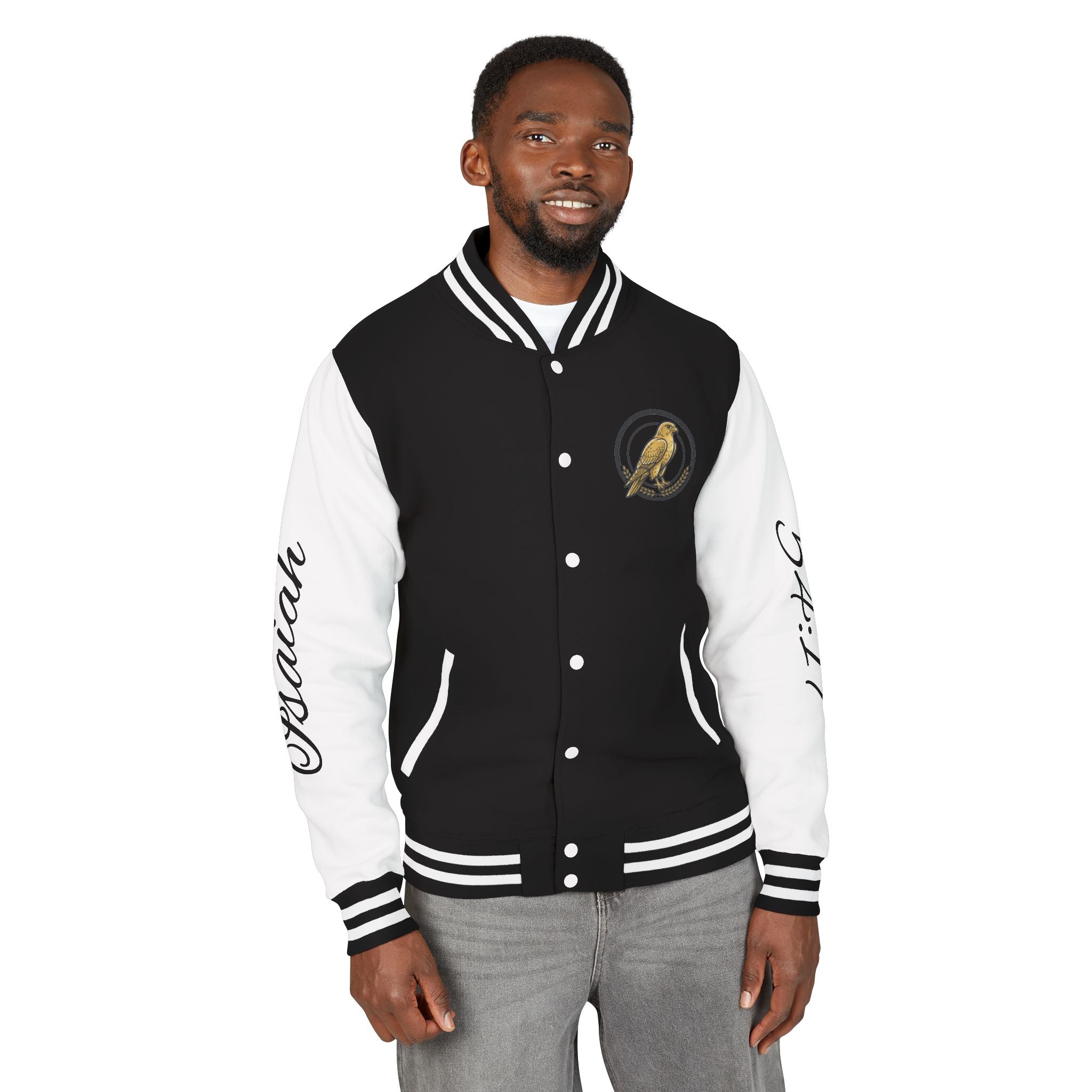 E93 Varsity Letterman Jacket - Black "Dove Crest" Scripture Bomber