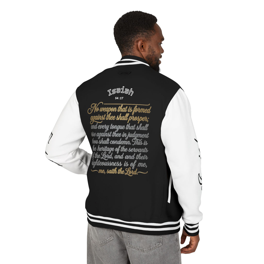E93 Varsity Letterman Jacket - Black "Dove Crest" Scripture Bomber