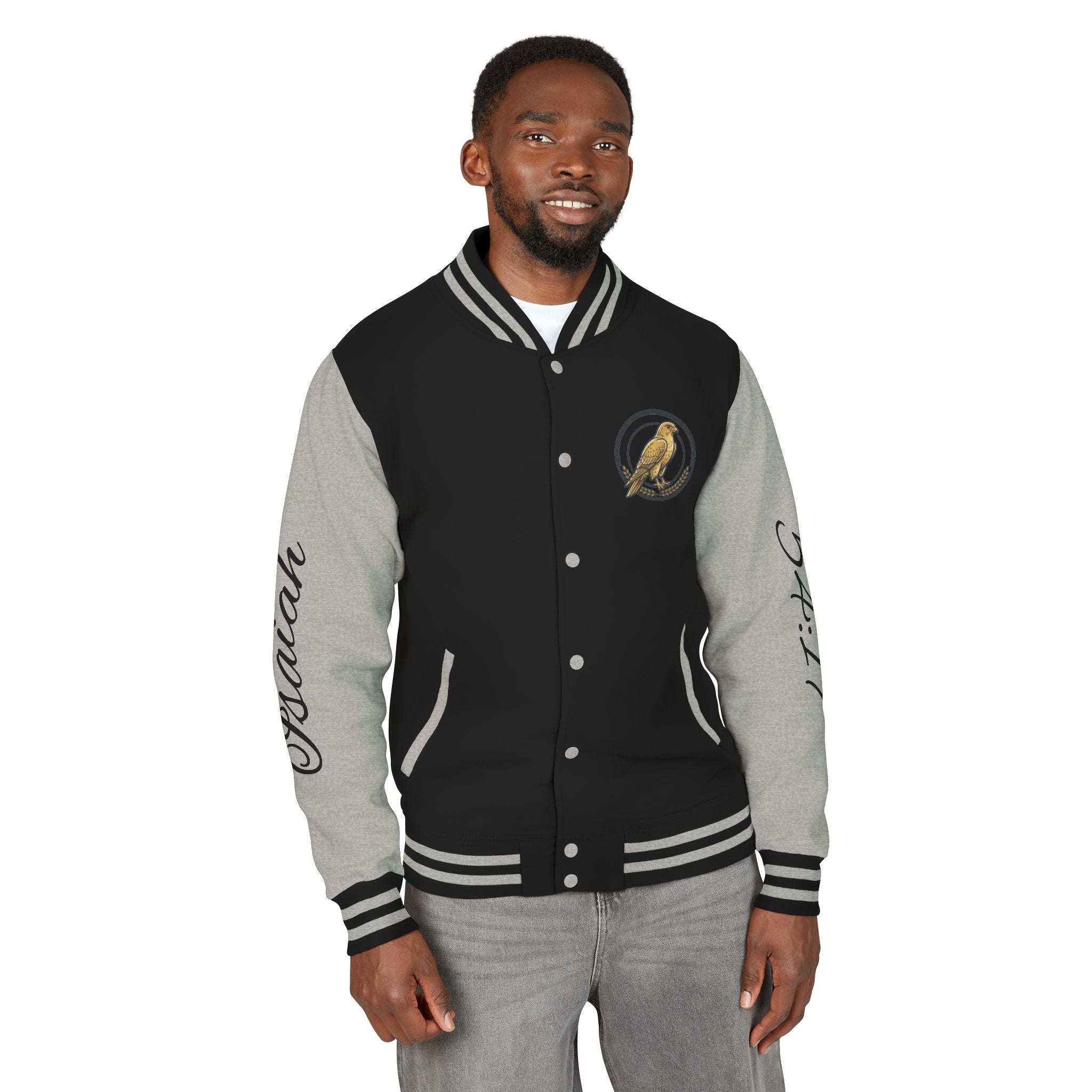 E93 Varsity Letterman Jacket - Black "Dove Crest" Scripture Bomber