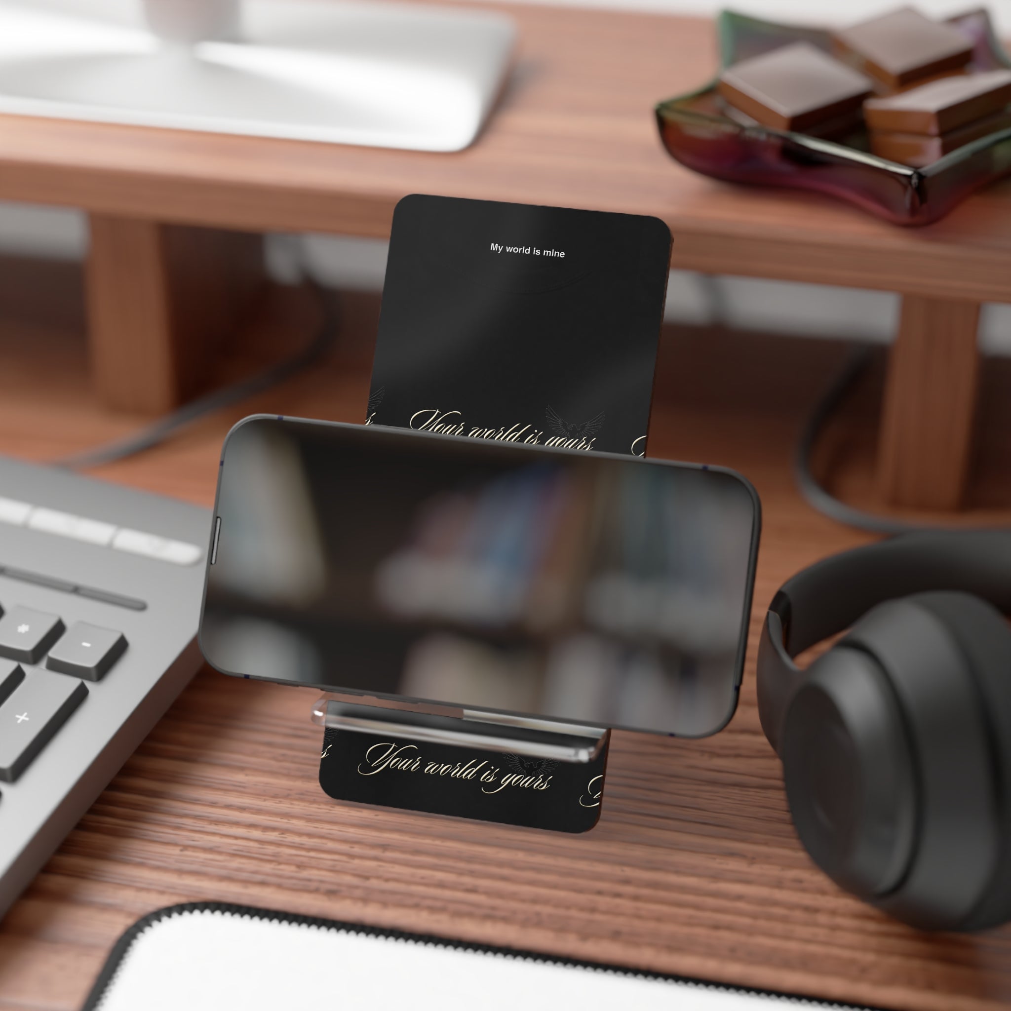 E93 "Your World Is Yours" Acrylic Phone Stand - Black Mobile Display Holder