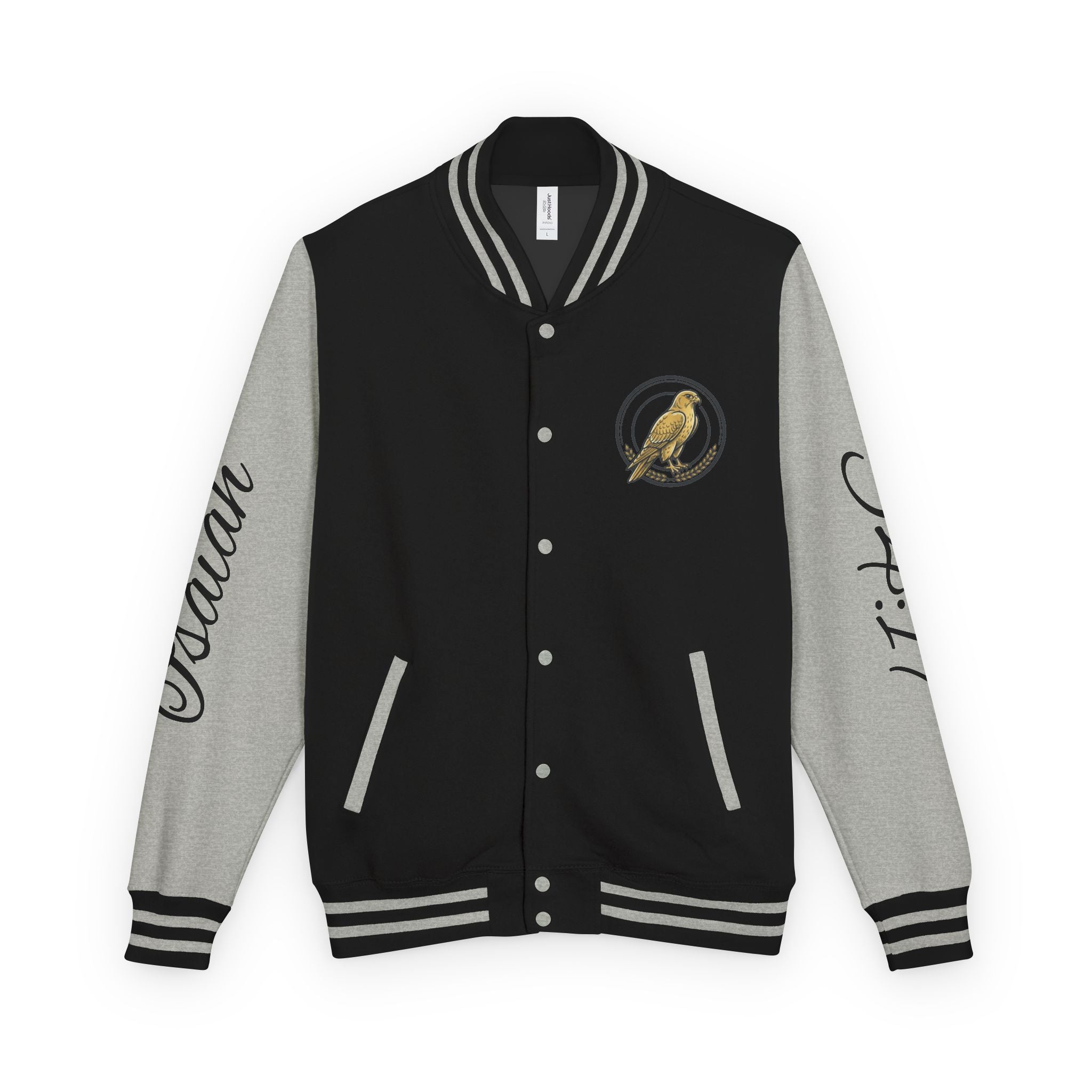 E93 Varsity Letterman Jacket - Black "Dove Crest" Scripture Bomber