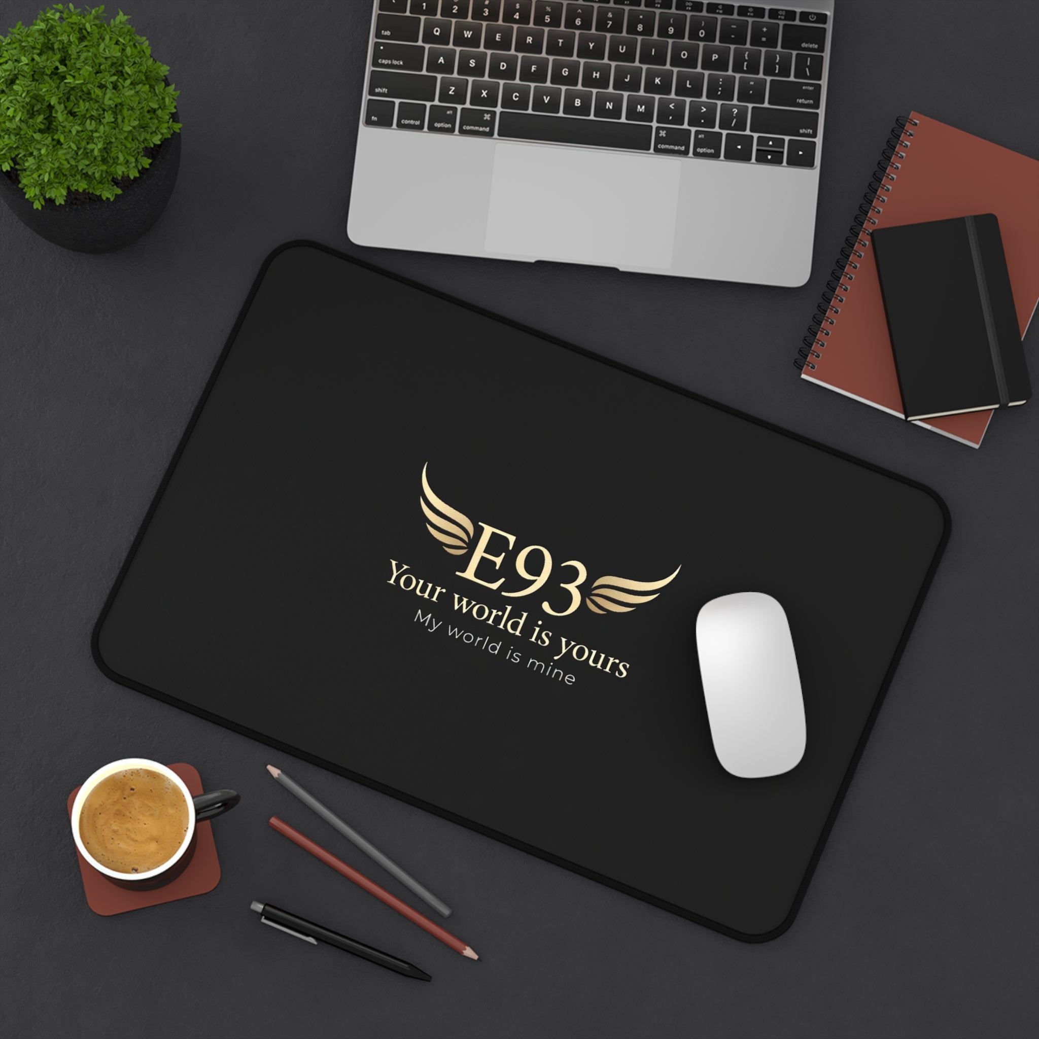 E93 "Your World Is Yours" Black Desk Mat - Premium Winged Logo Mousepad